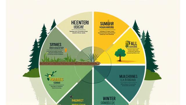 Illustration of a seasonal organic lawn care timeline with iconic plants for each season in Colorado.