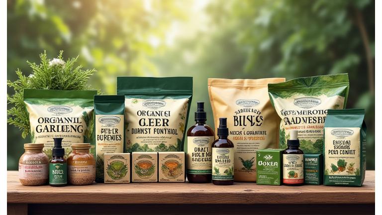 A shelf lined with various organic gardening products and natural pest solutions, clearly labeled.