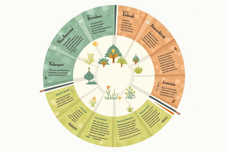 Illustration of a circular seasonal gardening calendar showing tasks for each month in a mountain landscape setting.