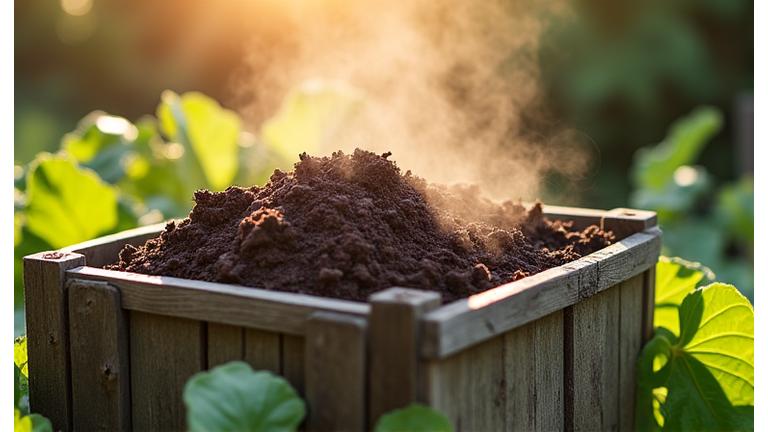 A well-maintained backyard compost bin full of rich, dark compost, sunlight filtering through trees.