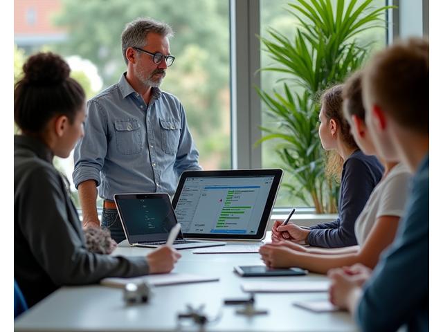 Instructor demonstrating smart landscape technology on a tablet to students in a modern lab setting