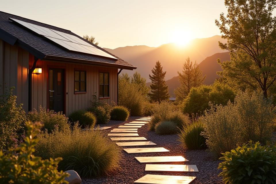 Modern home at dusk with solar panels on roof, connected to a landscape featuring energy-efficient LED lighting and smart irrigation systems