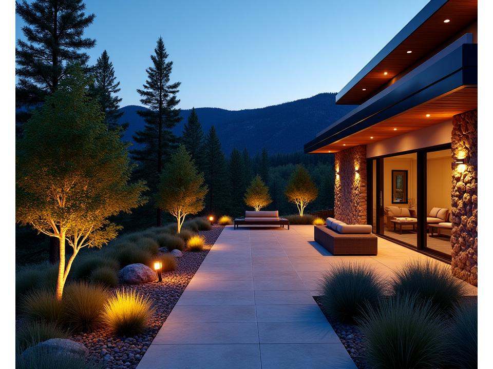 Dramatically lit mountain landscape with modern LED outdoor lighting, showcasing smart home integration