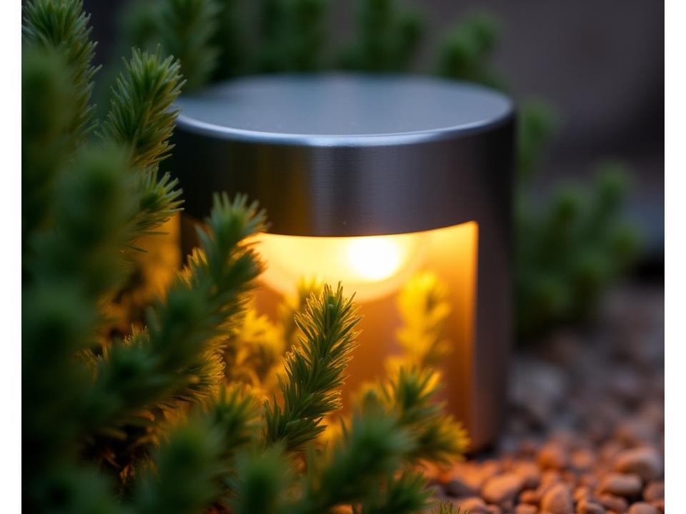 Close-up of a modern LED landscape light fixture illuminating native plants, showing light temperature variation