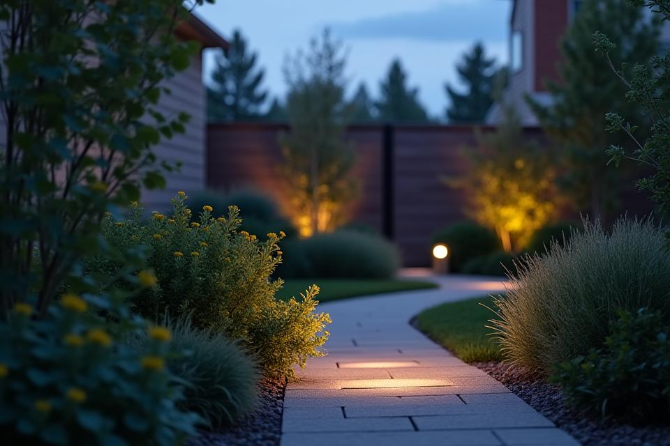 Discreet security camera integrated within a garden landscape with subtle ground lighting at dusk