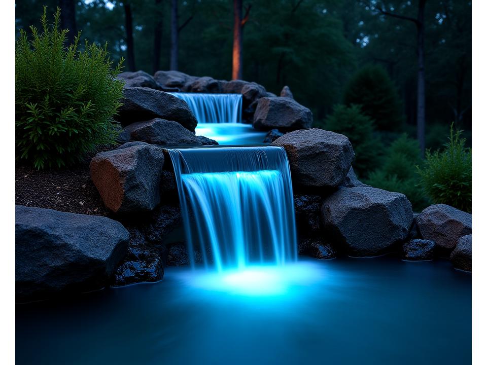 Modern backyard pond with LED-lit waterfall and smart-controlled mist features at dusk