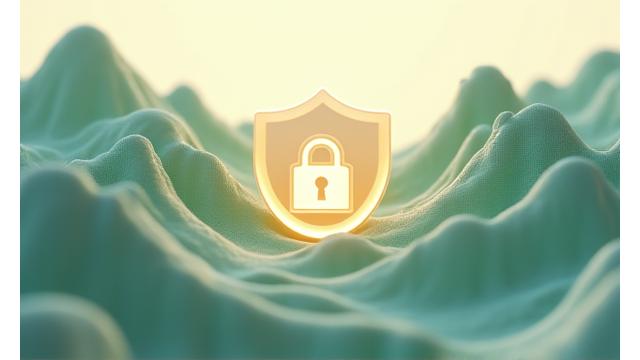 Abstract image representing data security and privacy, with digital shields and a lock icon over a subtle mountain landscape outline.