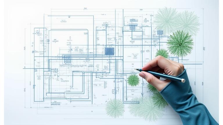 Architectural blueprint of a landscape design with irrigation lines overlaid, showing precision and planning