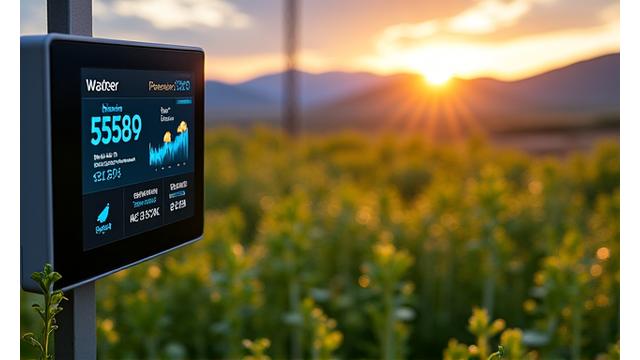 Advanced smart irrigation system displaying water savings data on a digital interface with Colorado mountain backdrop
