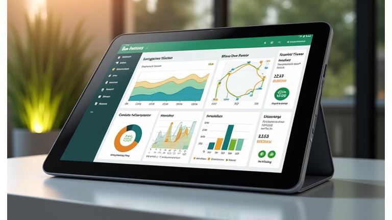 Digital dashboard showing irrigation system performance metrics, water usage, and maintenance alerts