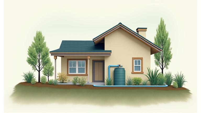Illustration of a complete rainwater harvesting system with roof collection, large cistern, and drip irrigation lines