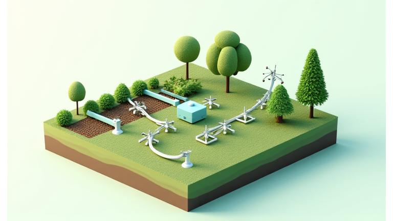 Detailed interactive diagram of a smart irrigation system with sensors, controller, and zones