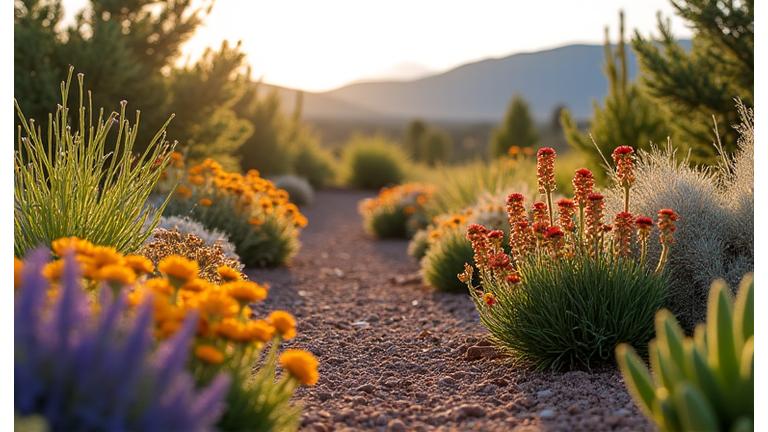 Beautiful xeriscaped garden with native plants, mulch, and drip irrigation lines visible