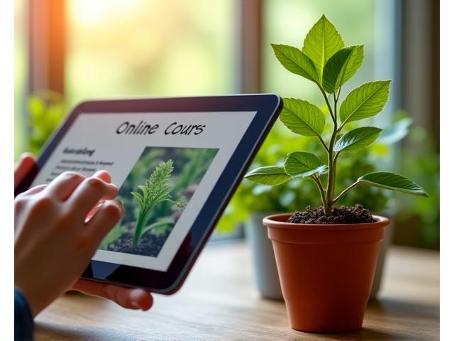 A student accessing online course materials on a tablet, with a thriving plant in the foreground, symbolizing growth and digital learning.