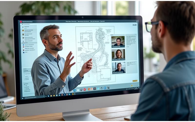 Screenshot of a virtual workshop platform with an instructor presenting design plans and active chat Q&A on the side.
