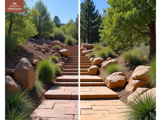 A before and after image showing a dramatic transformation from a sloped, overgrown backyard to a beautiful multi-level stone patio with native plants in Boulder, Colorado.