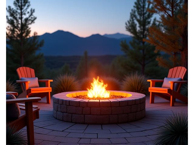 A cozy outdoor fire pit area with natural stone seating, lit up at dusk, with Colorado mountains in the faint background.
