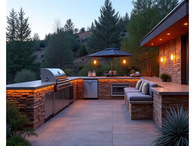 A modern outdoor kitchen area with a built-in grill, countertops, and seating, set against a mountain backdrop.