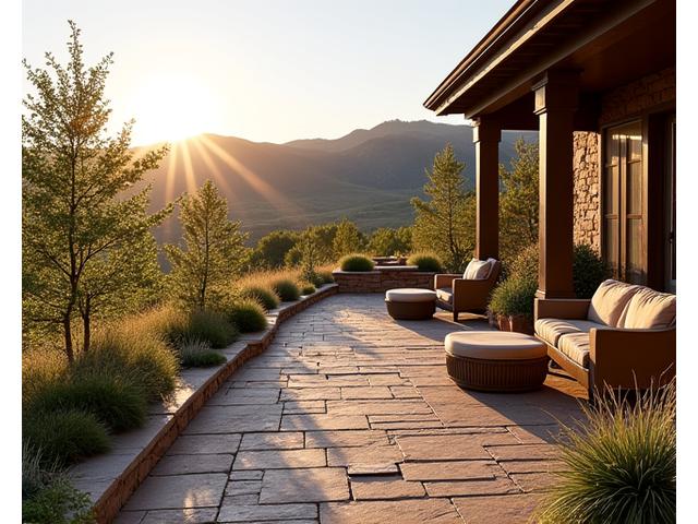 A beautifully designed mountain patio with flagstone and natural stone, overlooking a scenic valley.