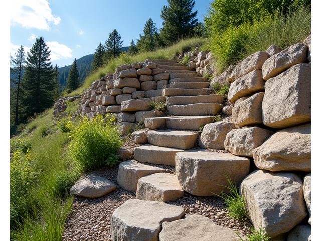 A sturdy, well-engineered retaining wall built with natural stone blocks on a sloped Colorado landscape, with proper drainage visibly integrated.