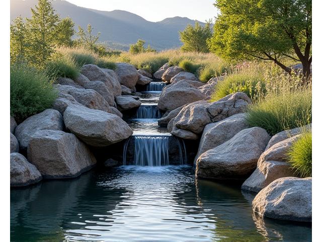 A serene garden with a small, natural-looking cascading water feature made of local river rocks, surrounded by native plants.